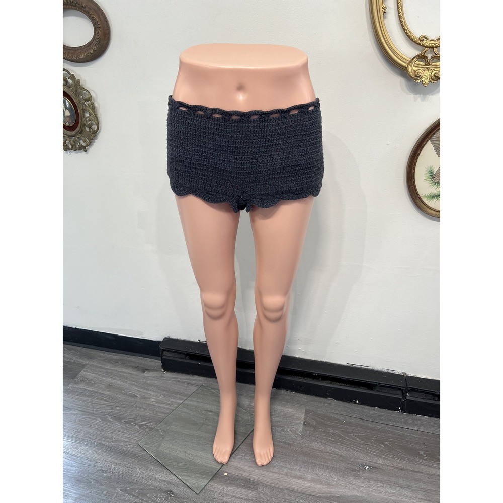 Tagalos Charcoal Black Rayon Crochet Knitted Micro Mini Shorts Hot Pant Women XL